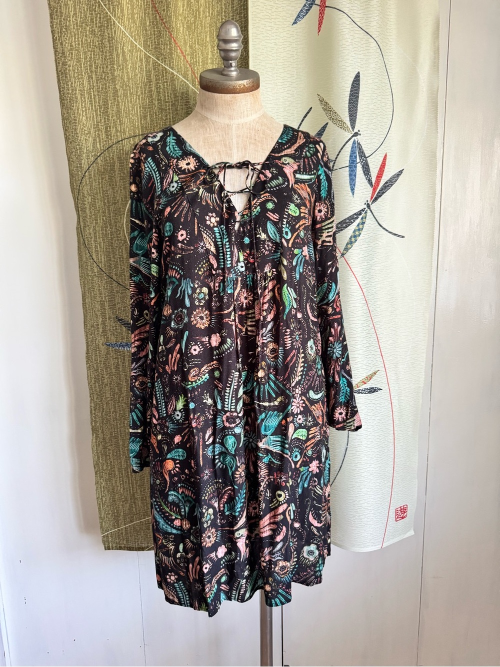 Peruvian Connection Black Floral  Lace-Up Tunic Dress